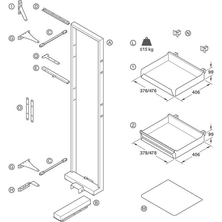 Häfele Hochschrank Innenauszug UTENSIO ST10 PLUS SWING LARDER mit 5 Tablaren, Anthrazit 80 kg Korpusbreite 600 mm lichte Korpushöhe ab 1845 mm