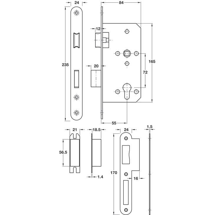 Häfele Einsteckschloss aus Edelstahl für Feuer- & Rauchschutztüren, 24 mm Stulp DM 65 mm