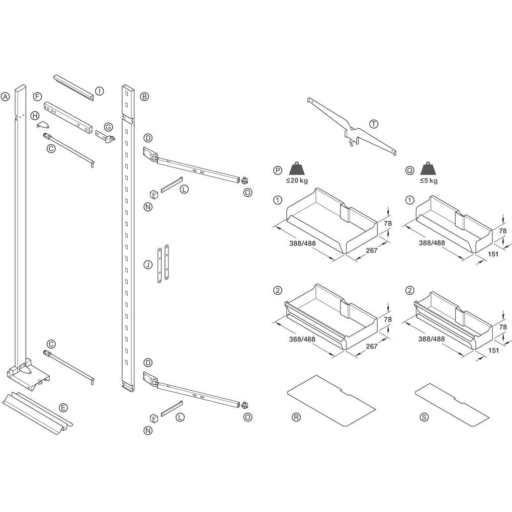 Häfele Hochschrank Innenauszug UTENSIO ST10 PLUS DELUXE PANTRY mit 5 Tablaren und Türregal, Anthrazit 125 kg Korpusbreite 600 mm lichte Korpushöhe ab 1675 mm