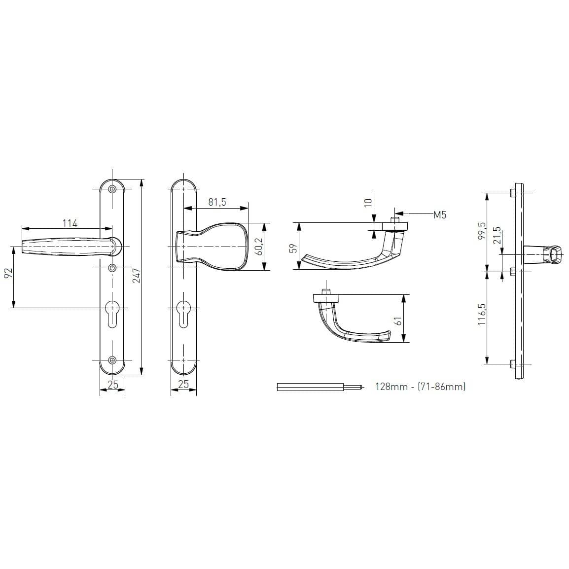 Gedotec Schmalrahmengarnitur VICTORY II aus Aluminium Drücker/Knopf DIN NORM 92 mm PZ, Weiß (RAL 9016) - 25 mm