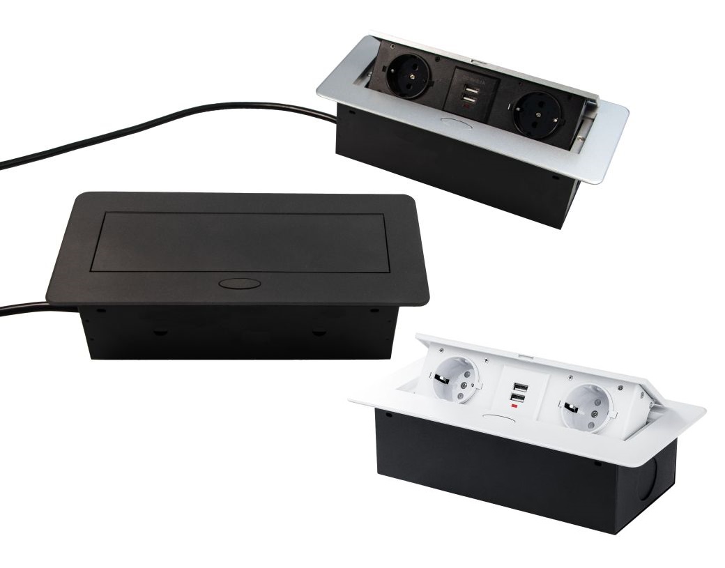 Design Light Steckdosen-Element KOMBIBOX mit Klappdeckel 2 Schuko-Steckdosen und 2 USB-B, schwarz