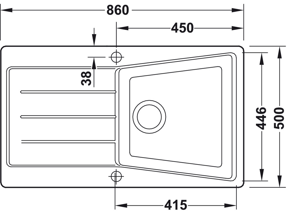 Aufbauspüle AS02S mit kleinem Becken 860 x 500 mm Skizze