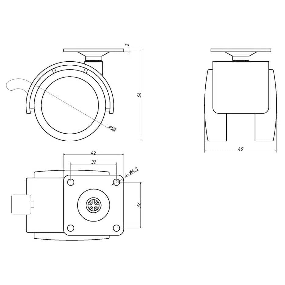 Siso Möbelrolle LECCO aus Kunststoff mit Bremse & Anschraubplatte aus Stahl, Ø 50 mm mit Abdeckung