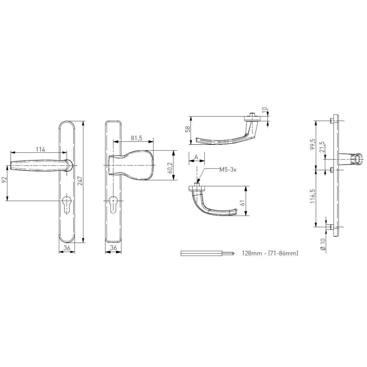 Gedotec Schmalrahmengarnitur VICTORY aus Alumnium Drücker/Knopf B36 mm DIN NORM 92 mm PZW, Weiß (RAL 9016)