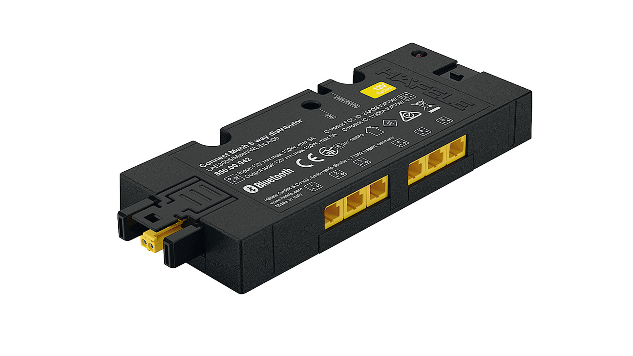 Distribuidor de 6 vías Häfele LOOX5 CONNECT MESH 12V o 24V con función de conmutación