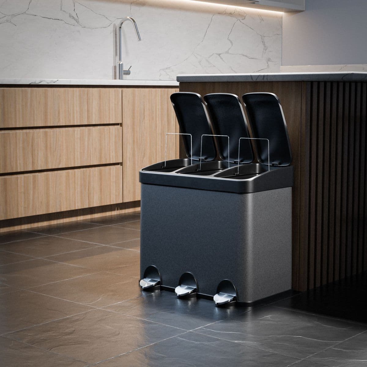 Gedotec Dreifach-Mülleimer RECIK mit Pedal 600 x 370 x 490 mm, 3 x 15l Edelstahl poliert | Edelstahl poliert