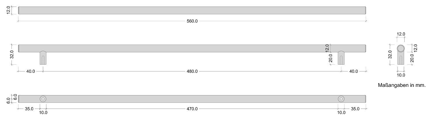 Möbelgriff LUNA aus Edelstahl, matt gebürstet Ø 12 mm (480 mm)