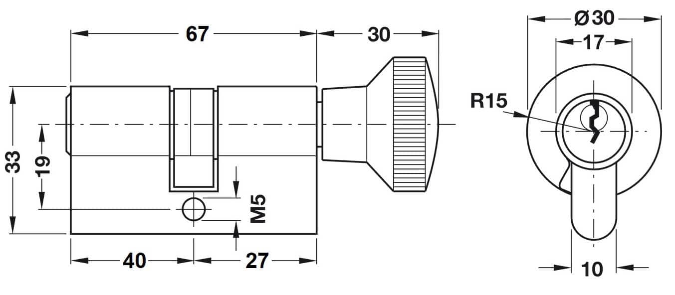 Cilindro de pomo Häfele PREMIUM de perfil estándar de latón, 40 / 27 mm - con llaves iguales