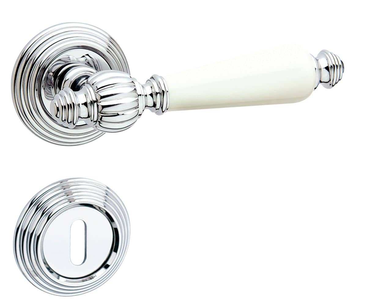 Fimet Türdrücker MICHELLE 106P-269 aus Messing & Porzellan, BB - Buntbart - Chrom poliert - Porzellan weiß