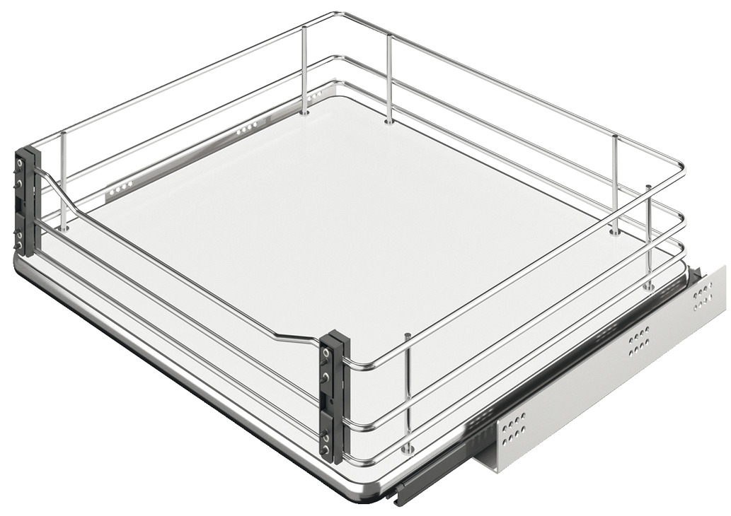 Extracción frontal de armario bajo Häfele con rejilla o balda y cierre amortiguado, ancho de cuerpo 600 mm, balda - blanco / cromo