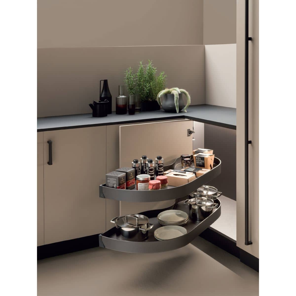 Häfele Eckschrank Schwenkauszug UTENSIO ST10 PLUS GLIDE CORNER mit 2 Tablaren, 40 kg Korpusbreite 800 - 1200 mm lichte Korpushöhe 666 - 805 mm