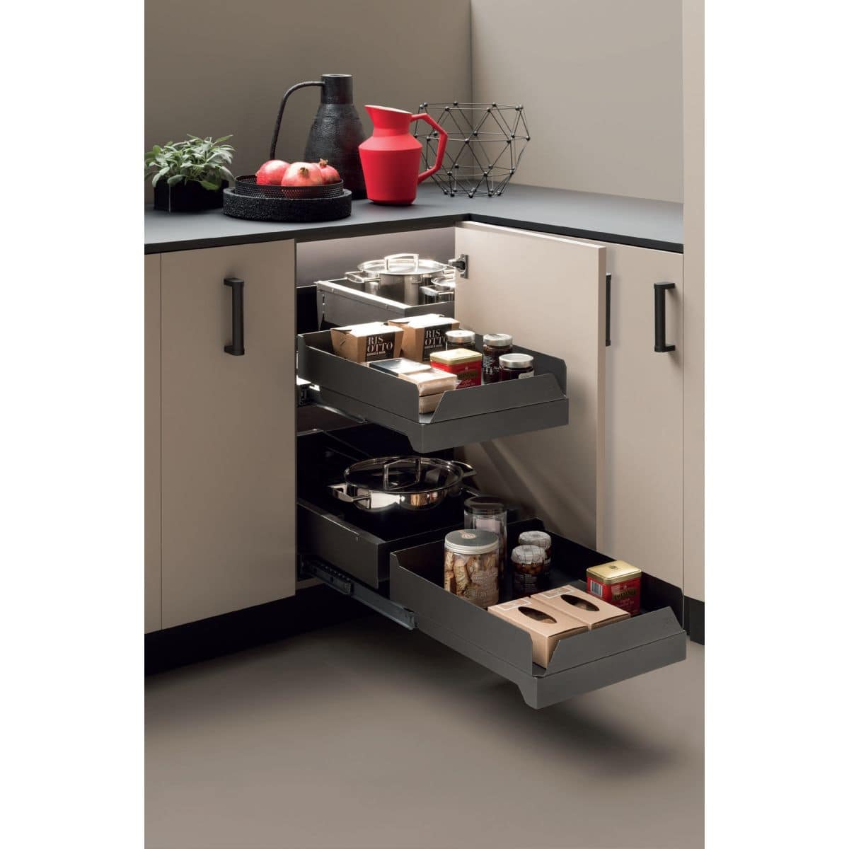 Häfele Eckschrank Auszug UTENSIO ST10 PLUS INLINE CORNER mit 4 Tablaren, Anthrazit 50 kg Korpusbreite 900 - 1200 mm Korpushöhe 489 - 548 mm