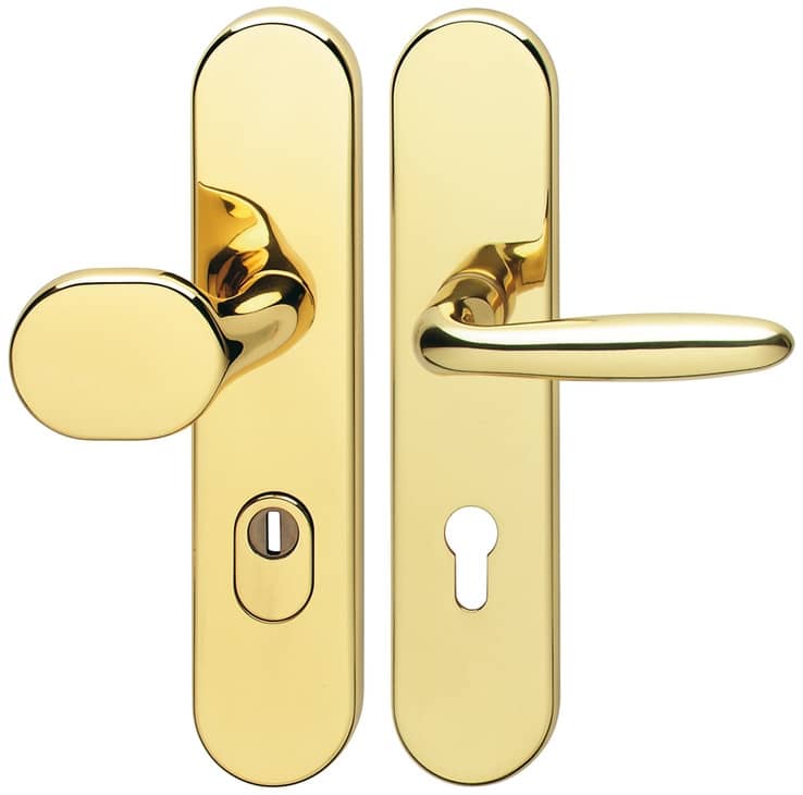 Hoppe Sicherheitsgarnitur DIN-NORM PZ 72 Schutzbeschlag Drücker/Knopf Modell VERONA Messing poliert-
