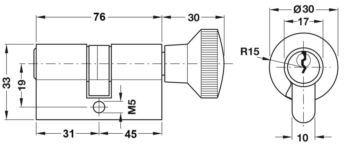 Cilindro de pomo PREMIUM Häfele de perfil estándar de latón, 31 / 45 mm - con la misma llave