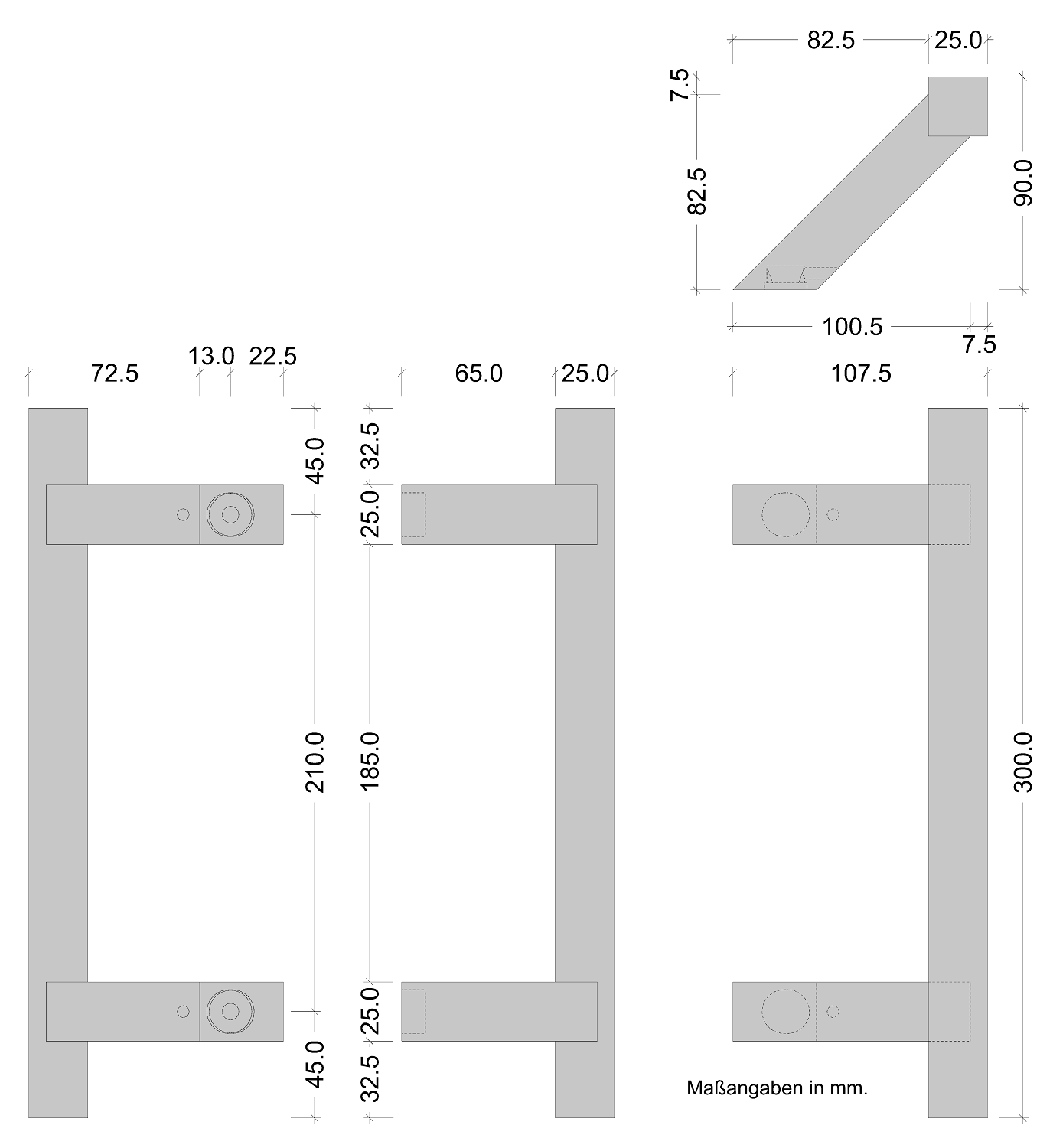 Stoßgriff Edelstahl schräg 300 mm Skizze