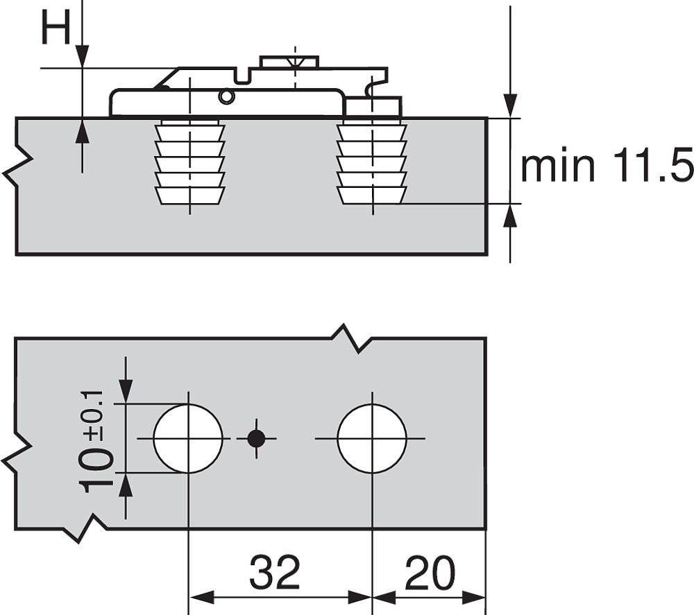 Blum Clip Top Montageplatte zum Einpressen mit 10 mm Dübeln Skizze1