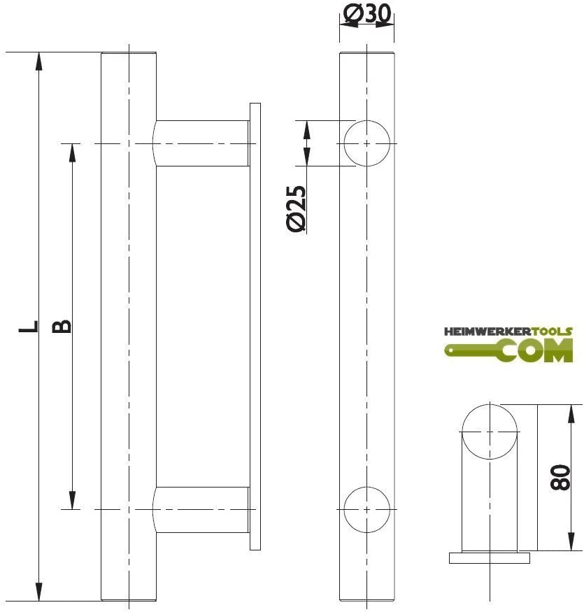 Stoßgriff aus Edelstahl rund schwarz 210 x 350 mm Skizze