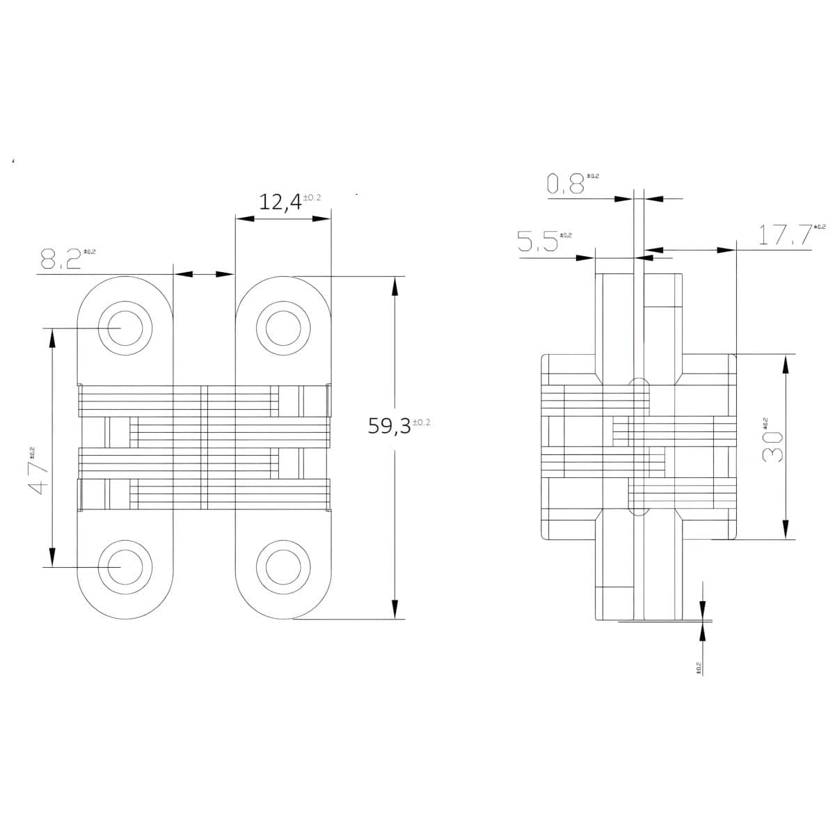 Siso VICI drill-in hinge with stainless steel arm and screws, stainless steel look 59 x 12 mm