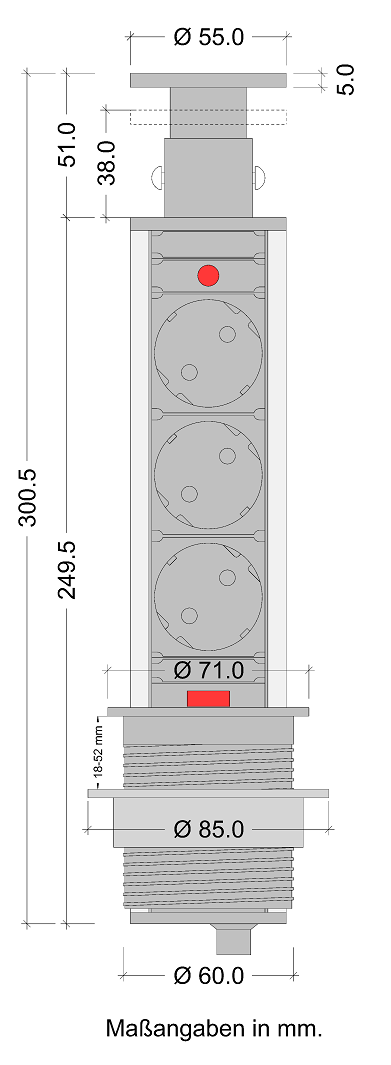 Steckdosenleiste Liftbox versenkbar 3 Schuko-Steckdosen Skizze