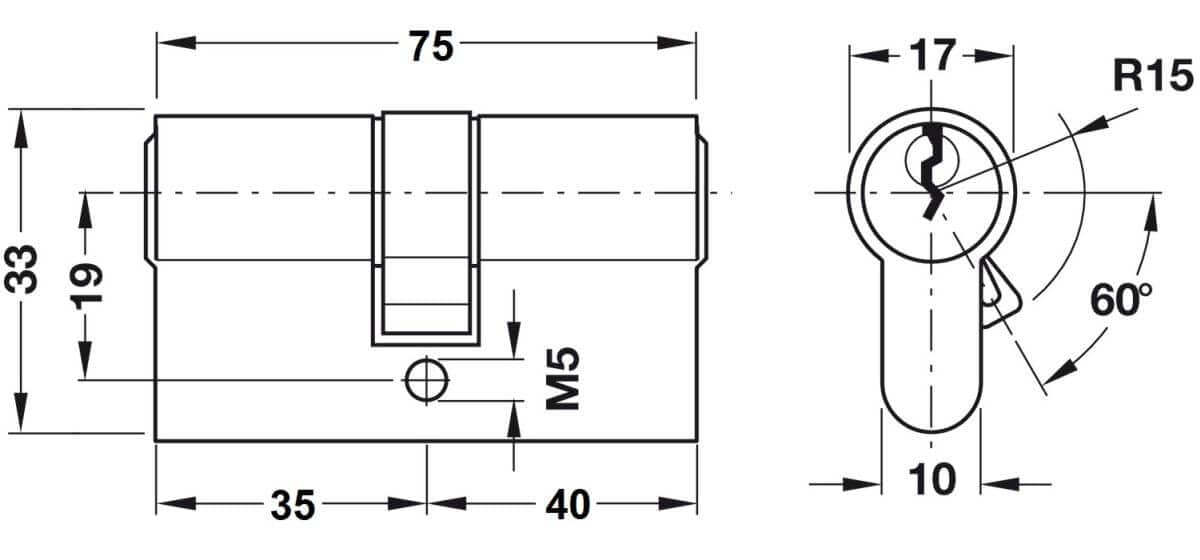 Doble cilindro Häfele PREMIUM de latón, perfil normalizado, 35 / 40 mm - con llave idéntica