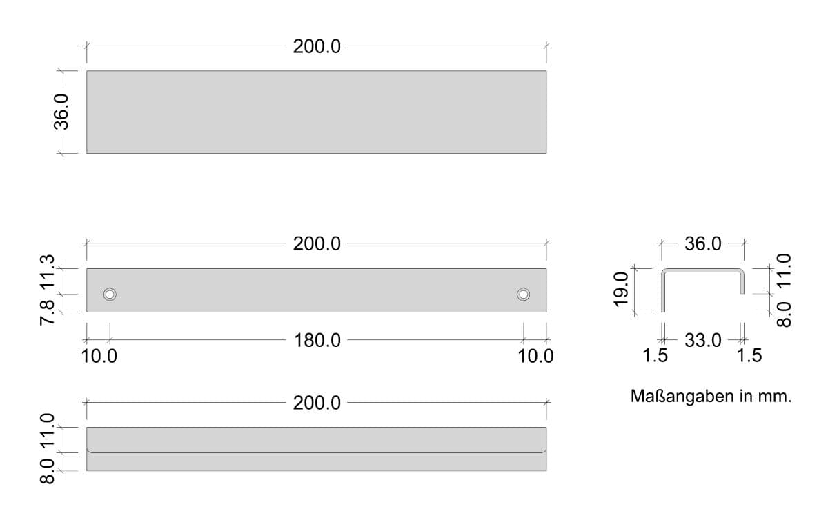 Möbelgriff NOBLE aus Edelstahl, BA 30 - 380 mm Skizze