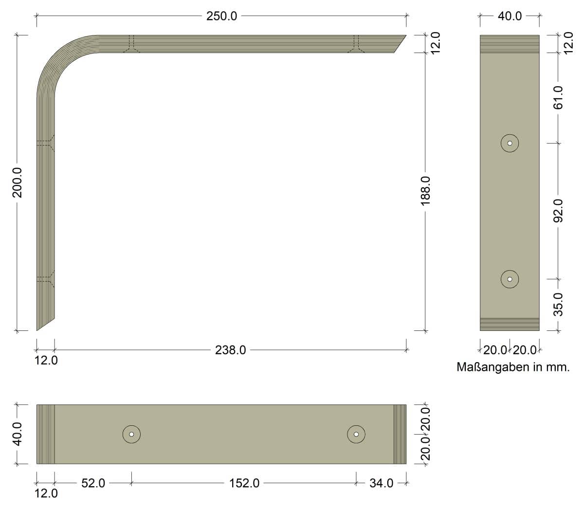 Soporte de madera para baldas Domax COUNTRY, capacidad de carga hasta 80 kg, 250 x 200 mm