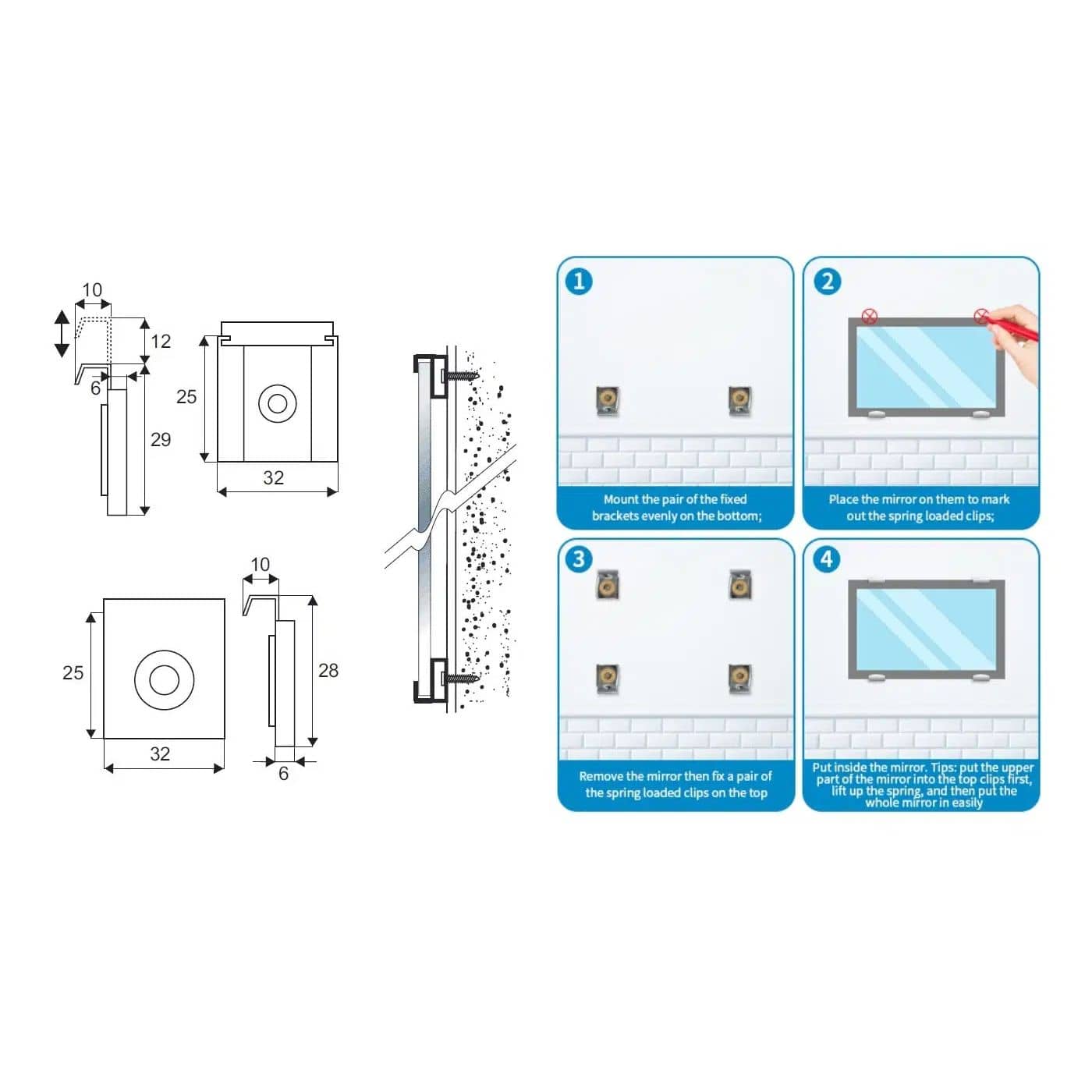 Siso Spiegelhalter-Set MIRROR CLIP für Glassärke 5 - 6 mm
