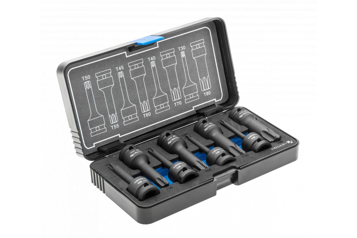 Högert Technik Högert Schlagschrauber-Einsatz-Set Torx, 1/2 Zoll, T30 - T80, 8-Tlg