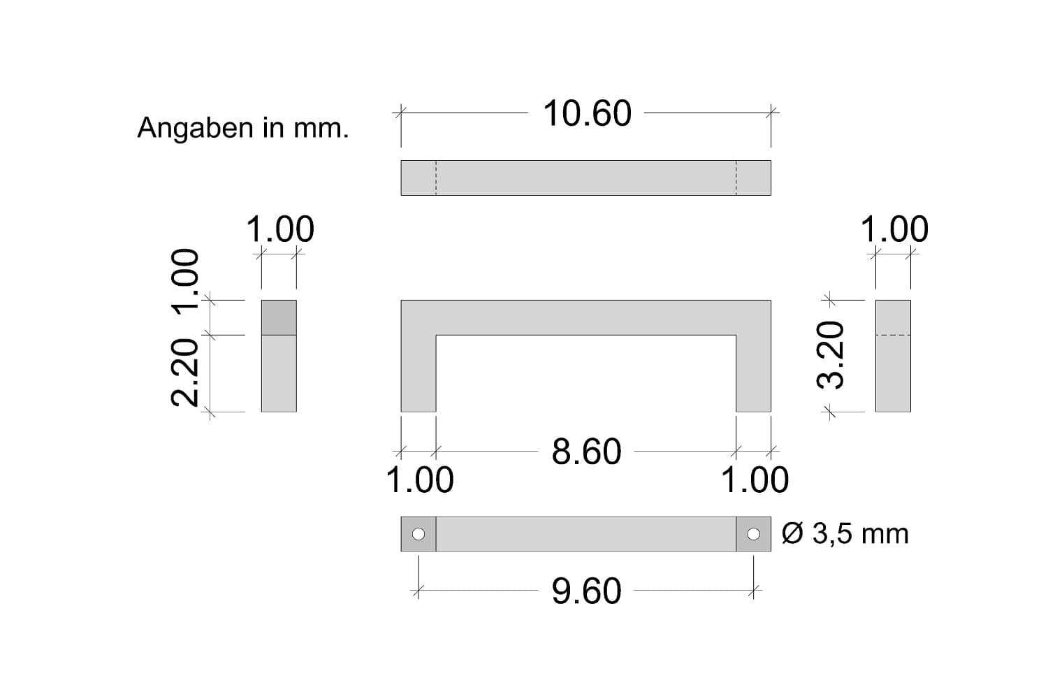 Skizze-2 Möbelgriff 10x10 mm aus Edelstahl, matt gebürstet (Skizze 96 mm)