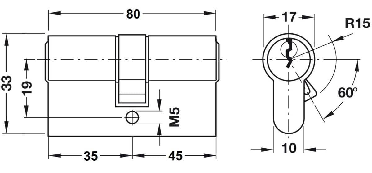 Cilindro doble PREMIUM Häfele de latón perfil normalizado, 35 / 45 mm - con llaves iguales