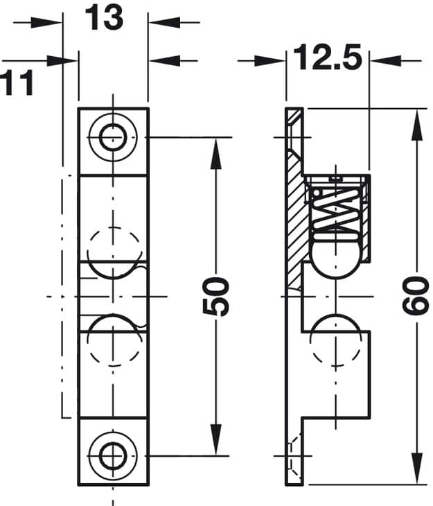 Doppel-Kugelschnapper aus Messing verstellbar Skizze 60 mm