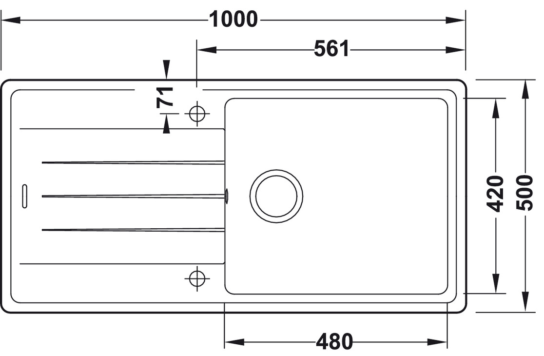 Aufbauspüle AS01L mit großem Becken 1000 x 500 mm Skizze