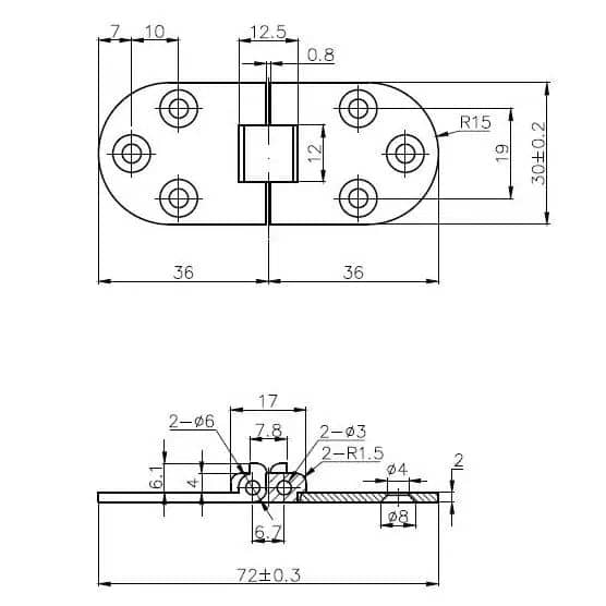Siso Nähmaschinenscharnier aus Messing, 30x72x2 mm Messing gebürstet