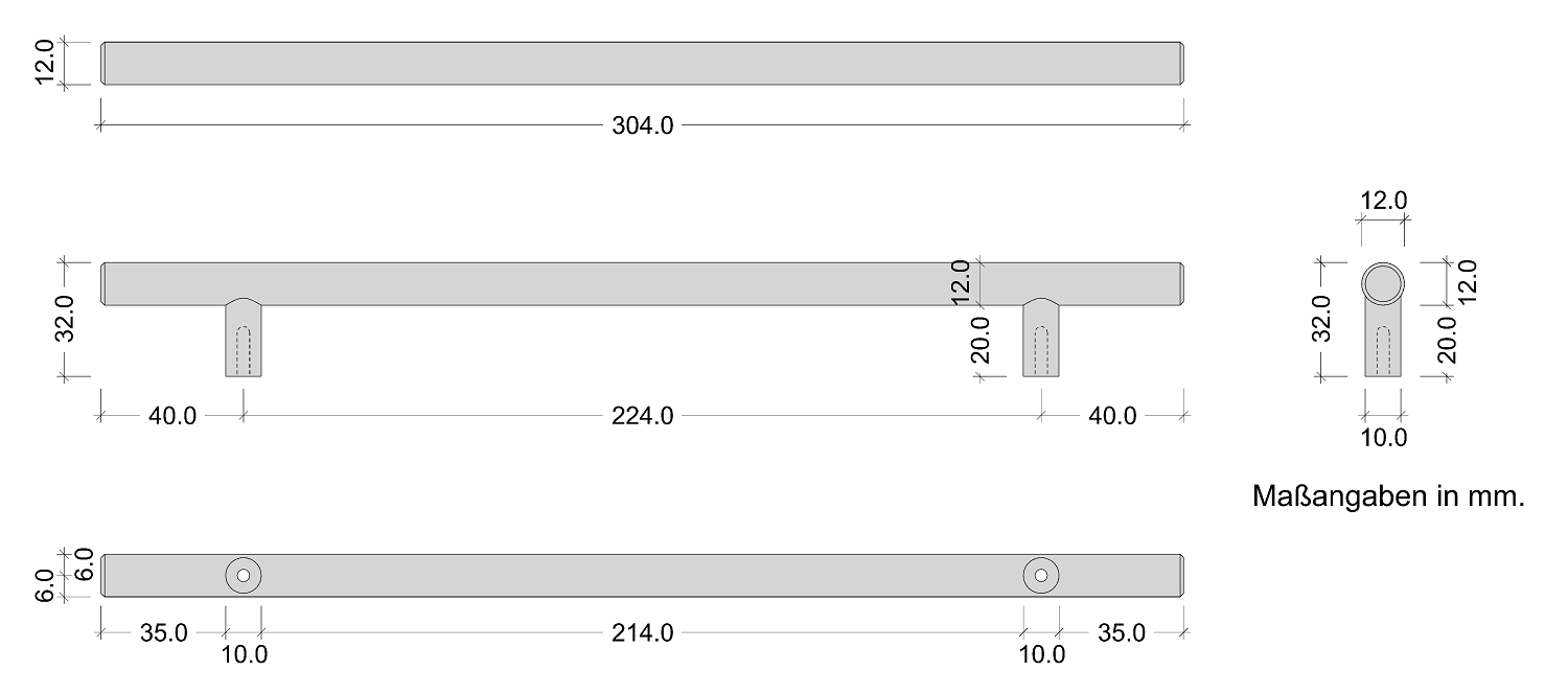 Möbelgriff LUNA aus Edelstahl, matt gebürstet Ø 12 mm (224 mm)