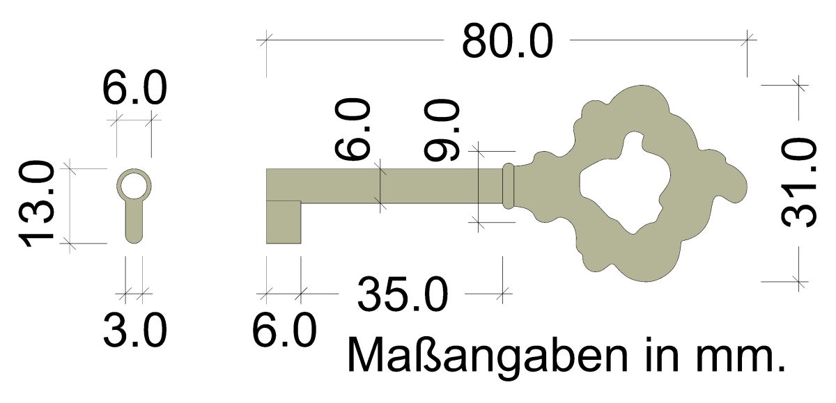 Möbelschlüssel LUDWIG 76 x 9 mm antik brüniert Skizze