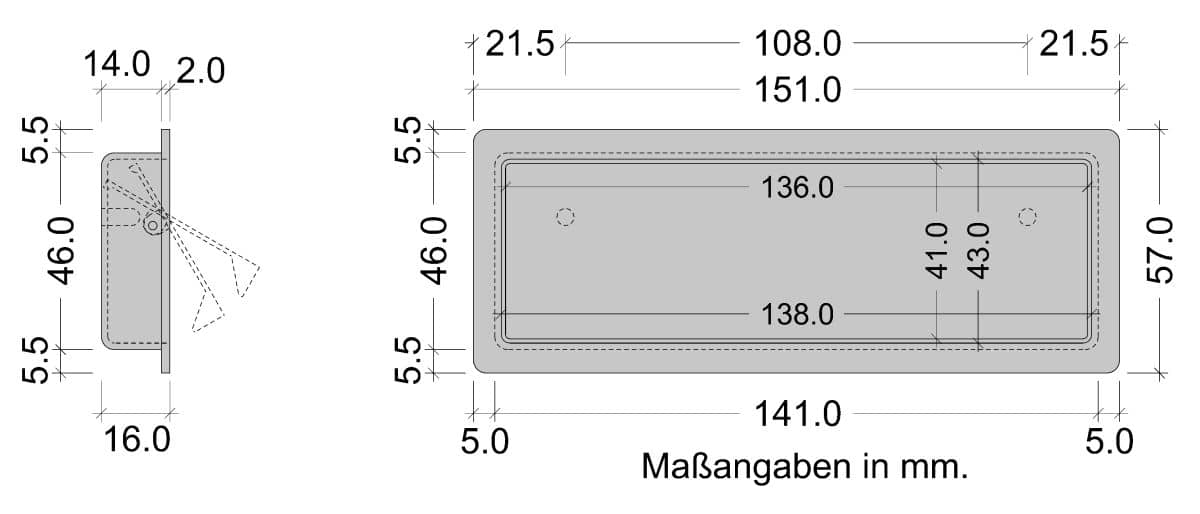 Skizze1j8Pt3MK8yKpg Muschelgriff RASO aus Metall mit Klappe rechteckig, BA 108 mm Skizze