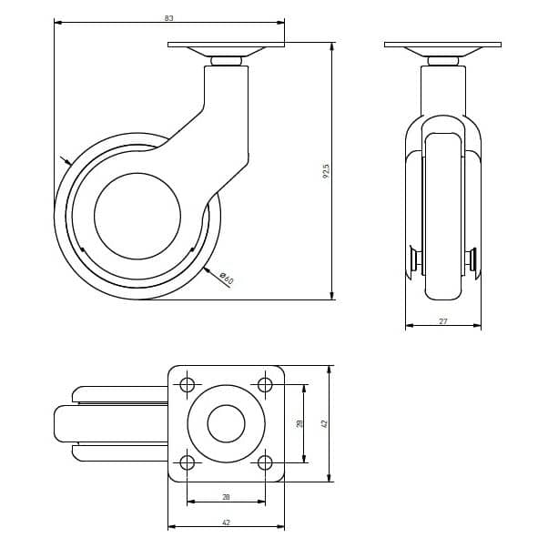 Gedotec Design Möbelrolle ALICE schwarz mit 42 x 42 mm Anschraubplatte Ø 60 mm Höhe 92,5 mm Tragkraft 30 Kg, ohne Bremse
