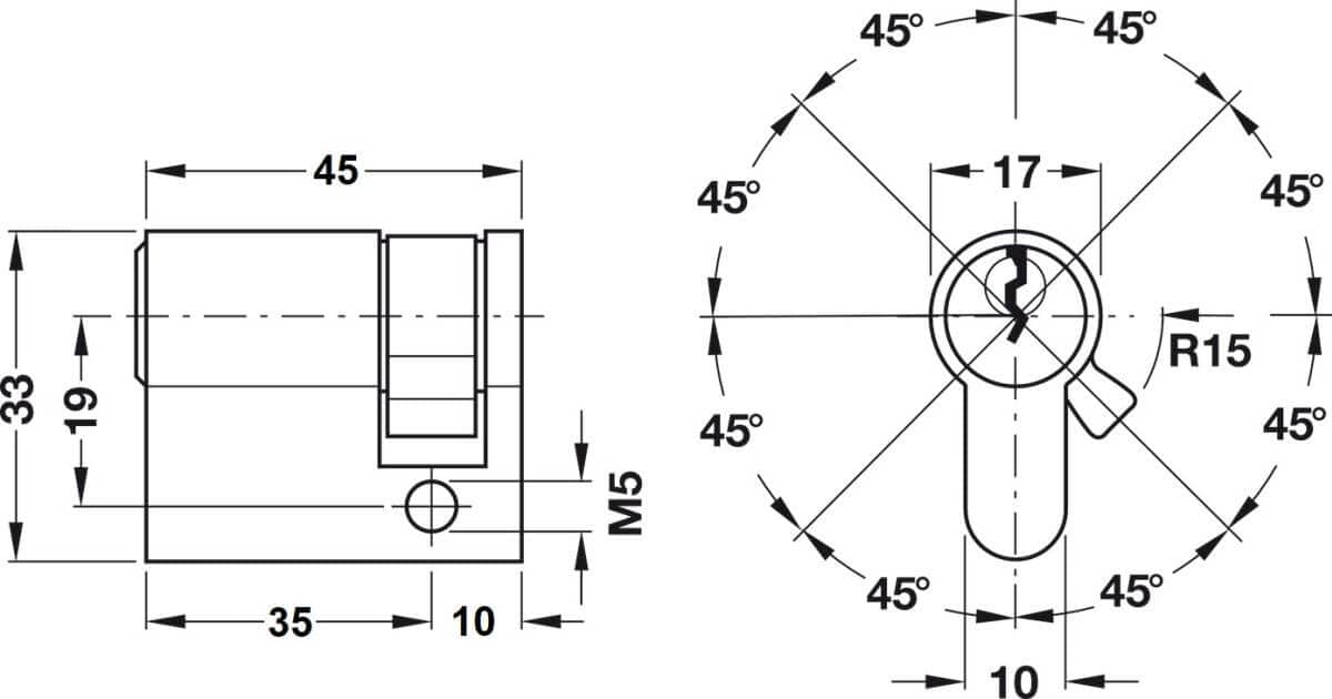 Häfele PREMIUM medio cilindro de latón perfil normalizado, 35 / 10 mm - con llave idéntica