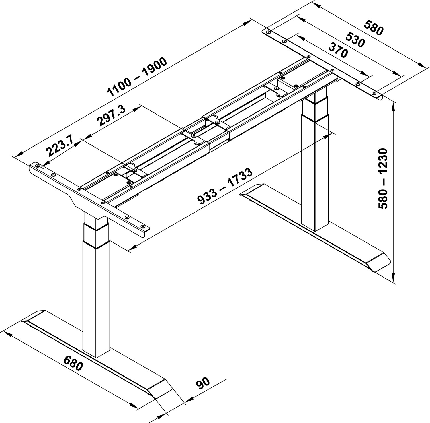 Tischgestell Econo elektronisch höhenverstellbar 550-1230 mm Skizze