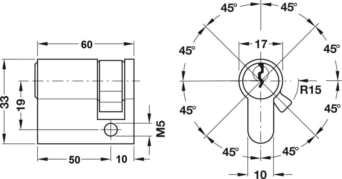 Häfele PREMIUM medio cilindro de latón perfil normalizado, 50 / 10 mm - con llave idéntica