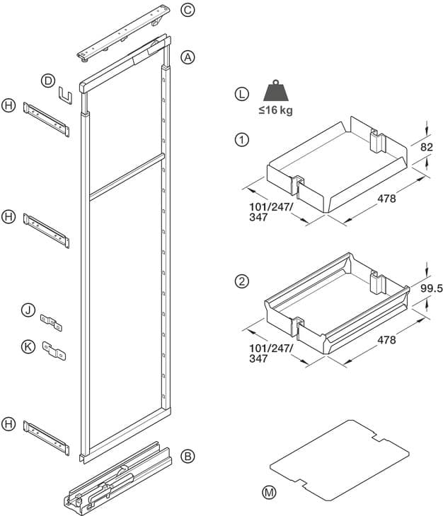 Häfele Hochschrank Frontauszug UTENSIO ST10 PLUS HIGH LARDER mit 5 Tablaren, Anthrazit 96 kg Korpusbreite 150 mm lichte Korpushöhe 1470–1900 mm