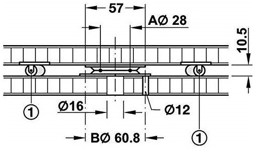 Drehbeschlag 57 x 57 mm mit Laufrollen Skizze