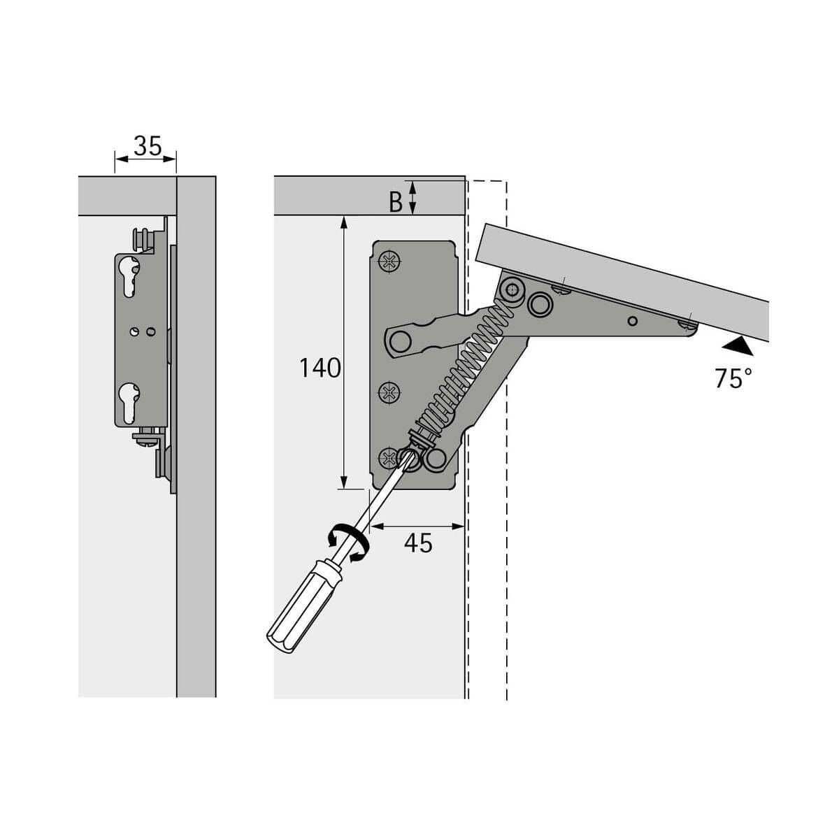 Hettich Klappenbeschlag LIFT 40721 80 - 220 N 4,6 kg 75° vernickelt
