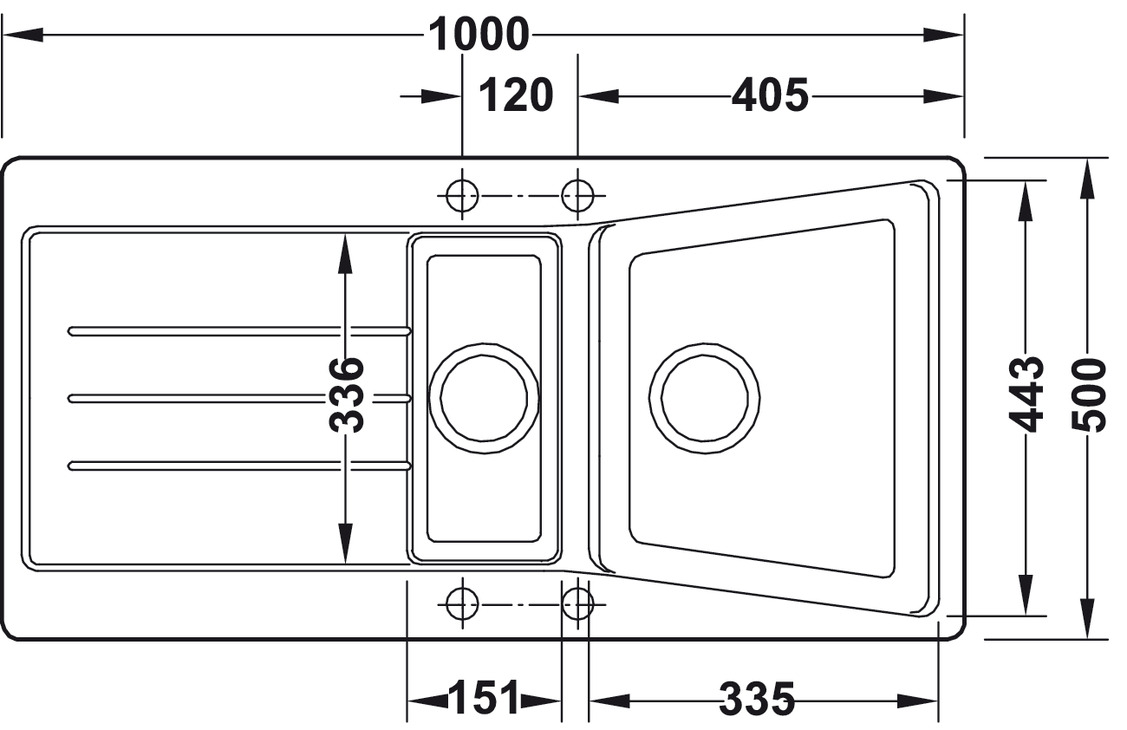 Aufbauspüle AS02B mit Abtropfbecken 1000 x 500 mm Skizze