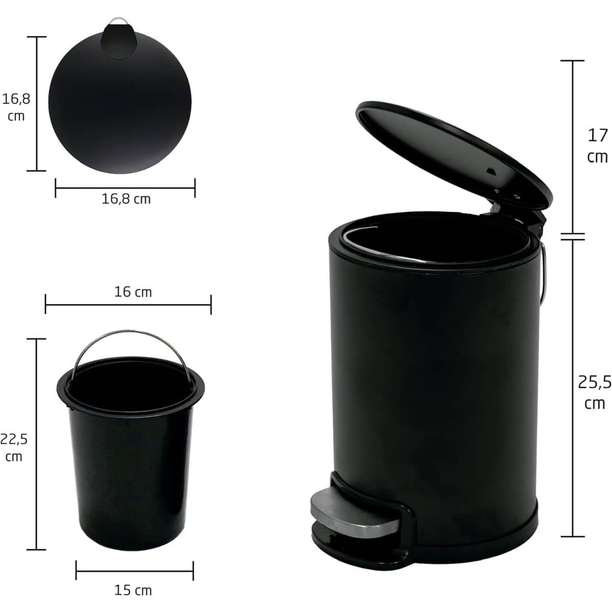 Gedotec Tretmülleimer TACTO aus Stahl schwarz, 3l