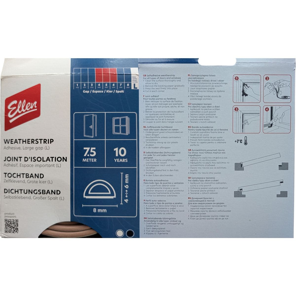 Nastro di tenuta Ellen ELLENFLEX in gomma autoadesiva per porte e finestre 7,5 metri, bianco 4 - 6 mm di distanza