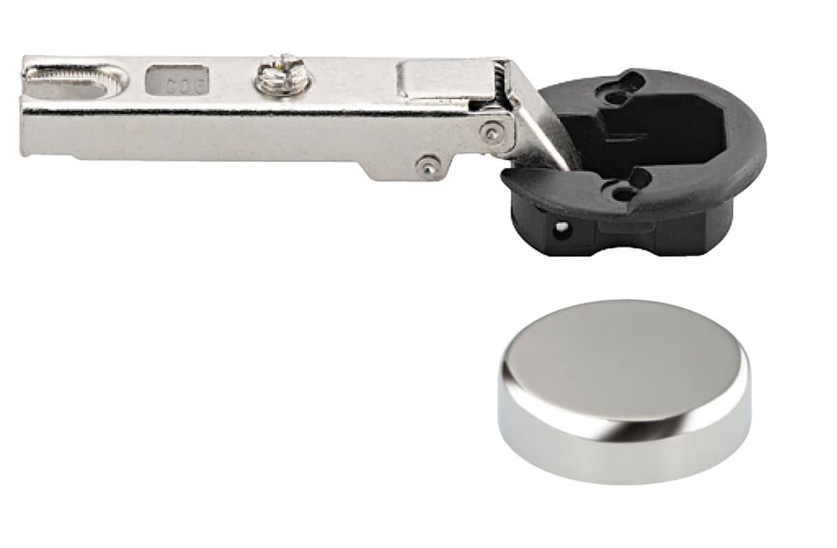 Häfele Glastürscharnier METALLA MINI mit Ø 26 mm Topf, Eckanschlag - Kappe Chrom poliert