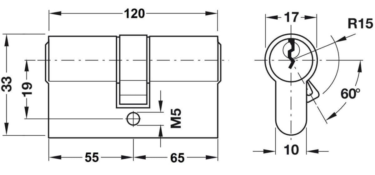 Cilindro doble Häfele PREMIUM de latón con función de seguridad, perfil normal, 55 / 65 mm - con la misma llave