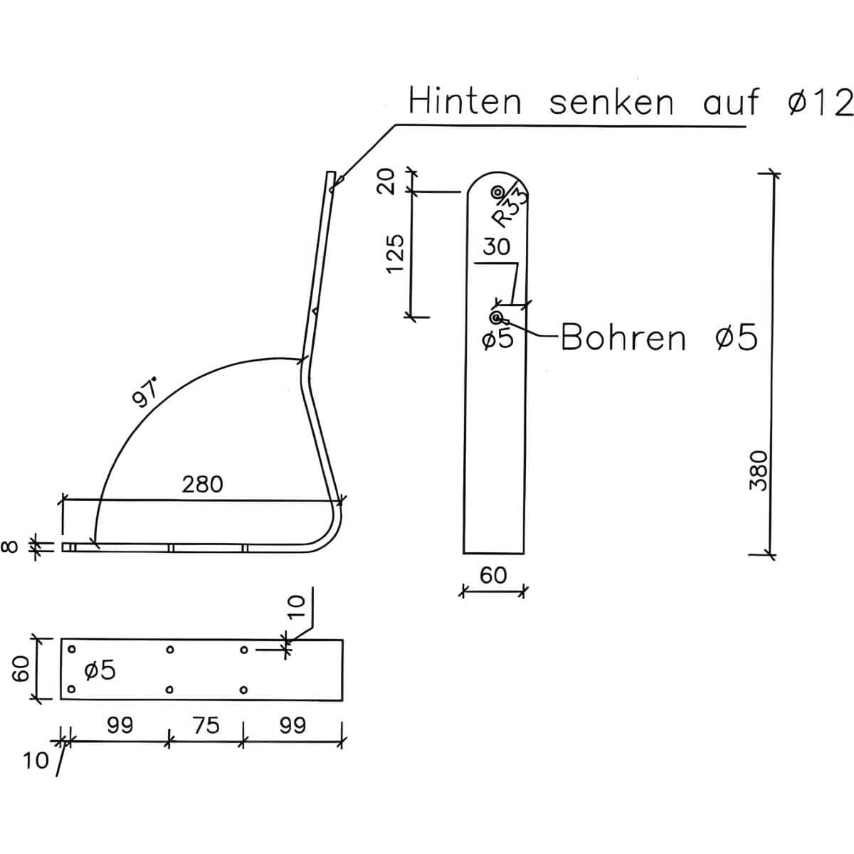 Gedotec Rückenlehnen-Halterung FERRO-BIG aus Edelstahl Schwarz, 380 x ...